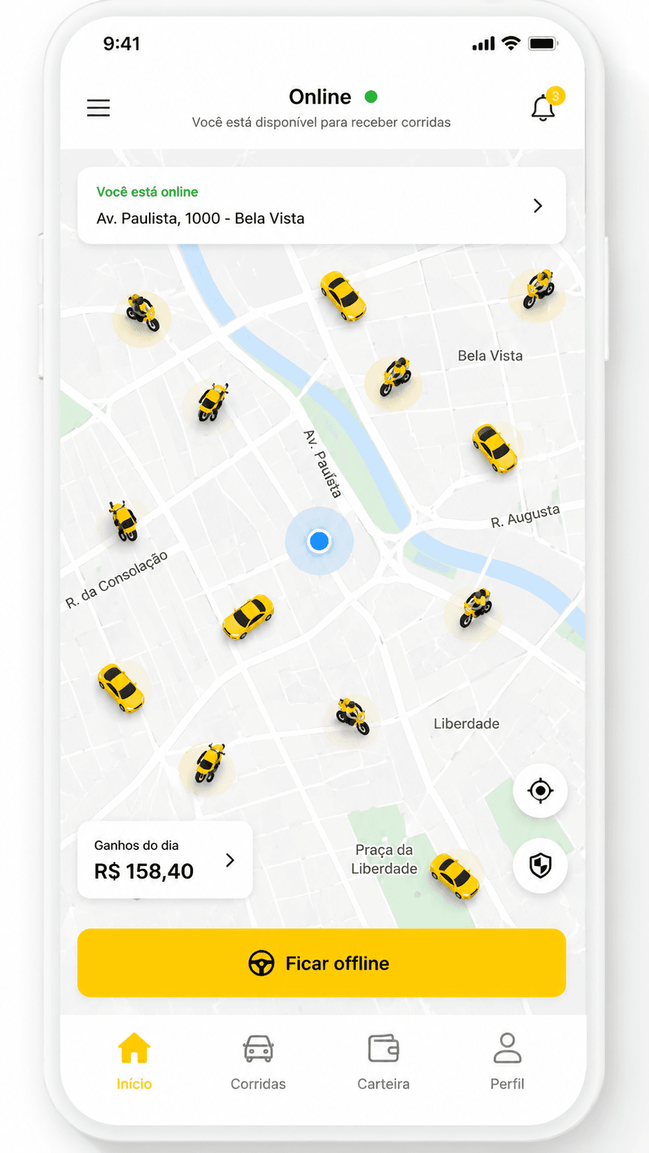 Tela do aplicativo Minhas Corridas com o motorista online no mapa